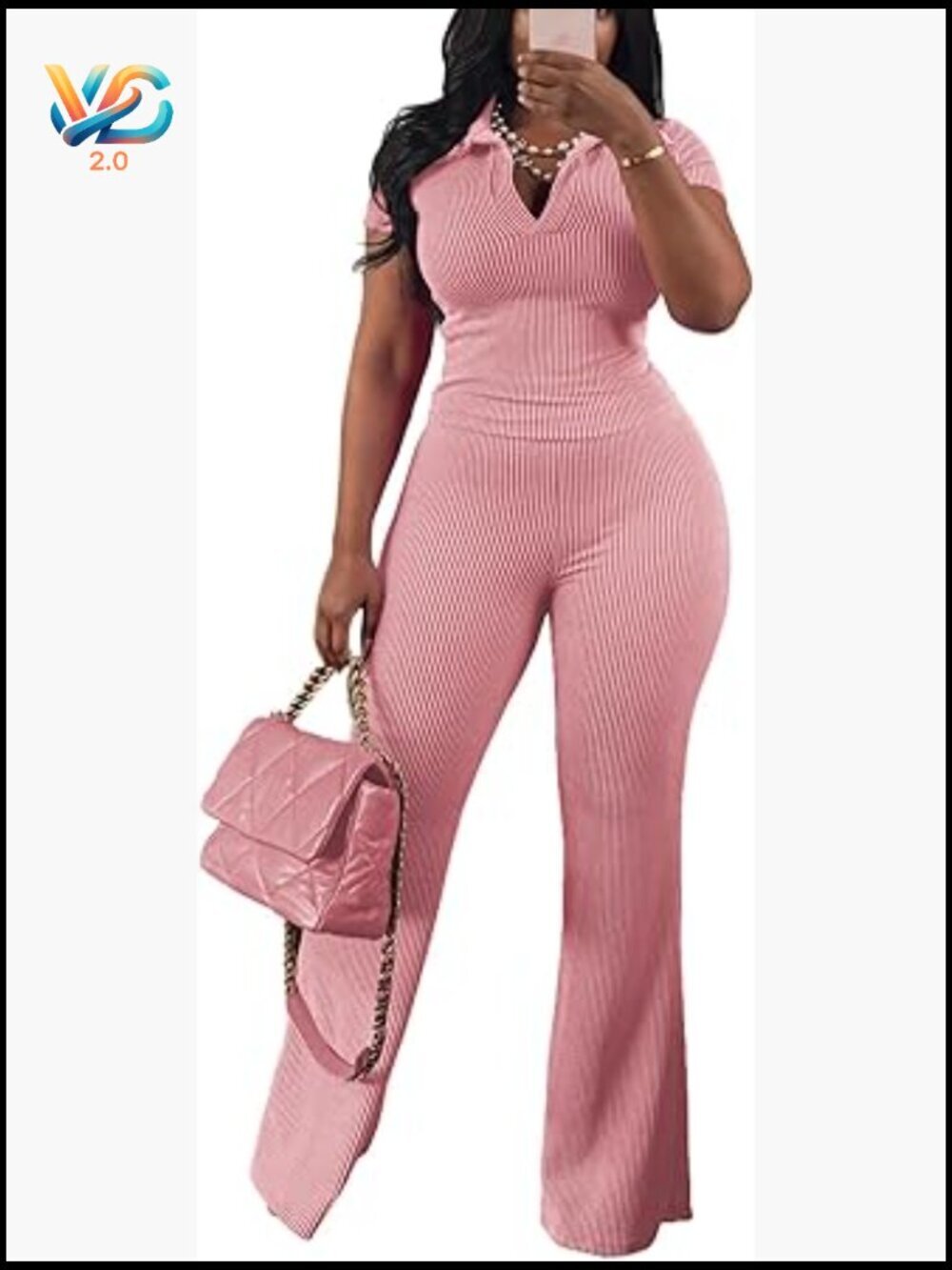 2 Piece Lounge Set Ribbed Short Sleeve V Neck Top Flare Pants Tracksuit